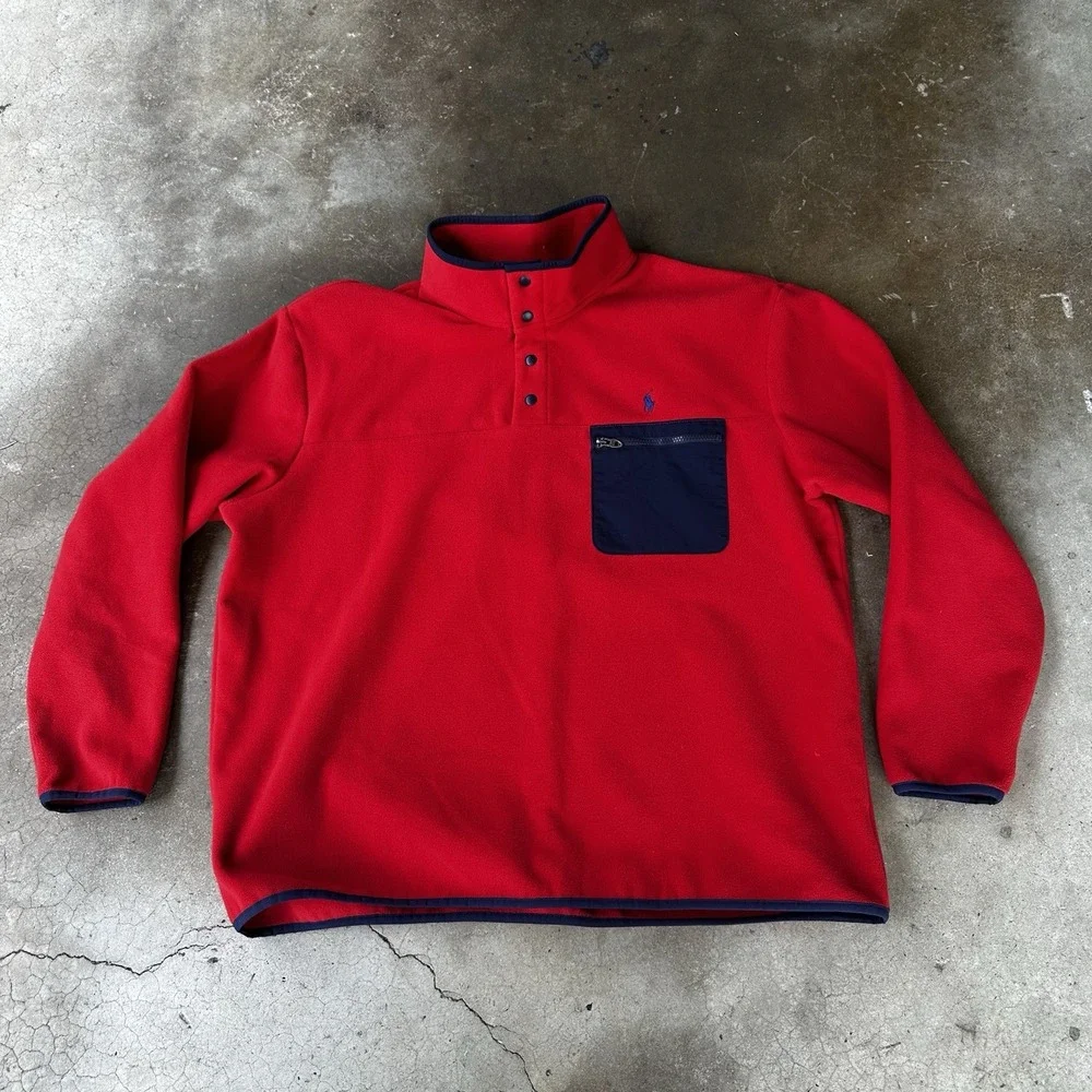Polo Ralph Lauren Pullover Mens 2XB Red Fleece 1/4 Snap Pocket Preppy Mock Neck